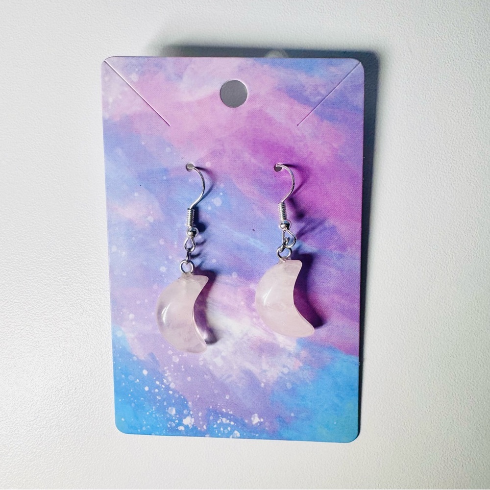 Rose quartz crescent moon stainless steel hooks dangle earrings